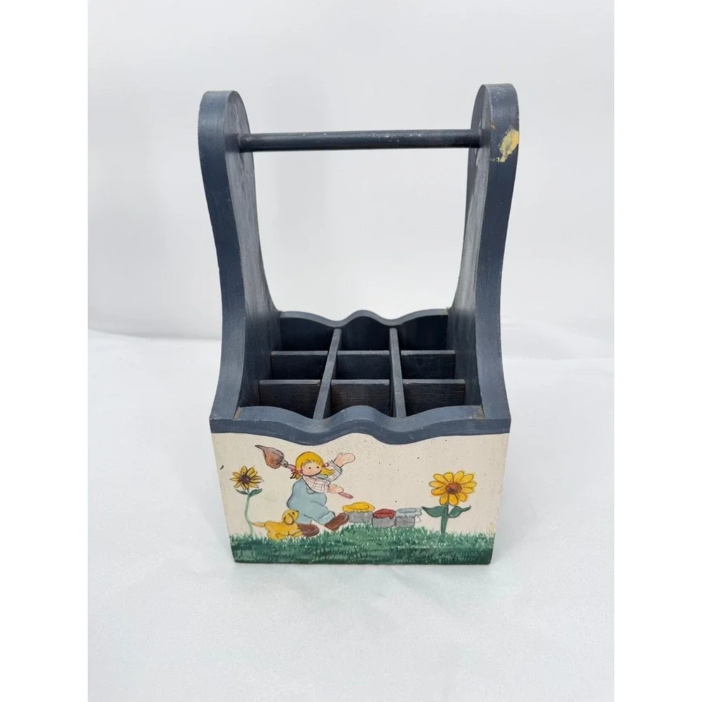 Handmade Wooden Caddy SALLY Hand Painted Girl Dog Sunflowers Cottage Core